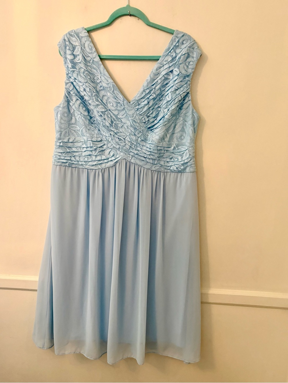 Melrose Bridal Baby Blue Lacy Chiffon Formal Dress -Crossover Bodice -Sz 14 W